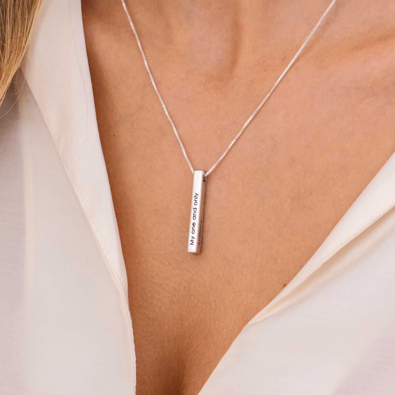 Personalized 3D Vertical Bar Necklace with 4-Side Engraving