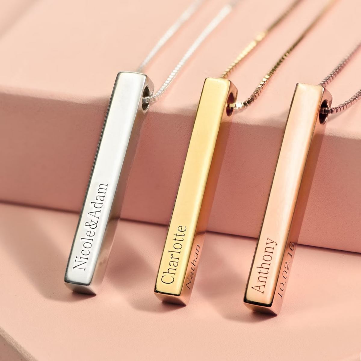 Personalized 3D Vertical Bar Necklace with 4-Side Engraving