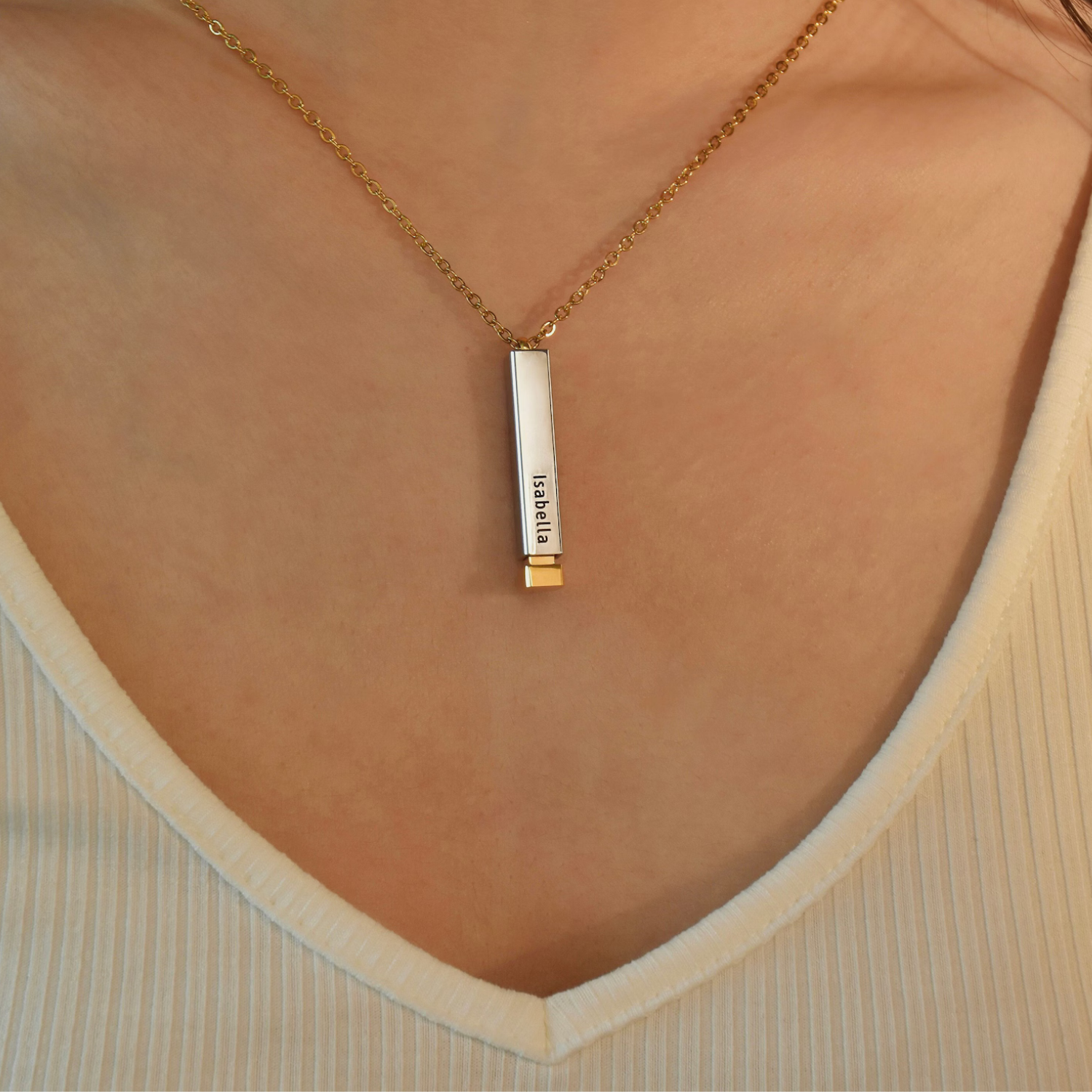 Retractable 3D Bar Necklace with Hidden Engraved Message