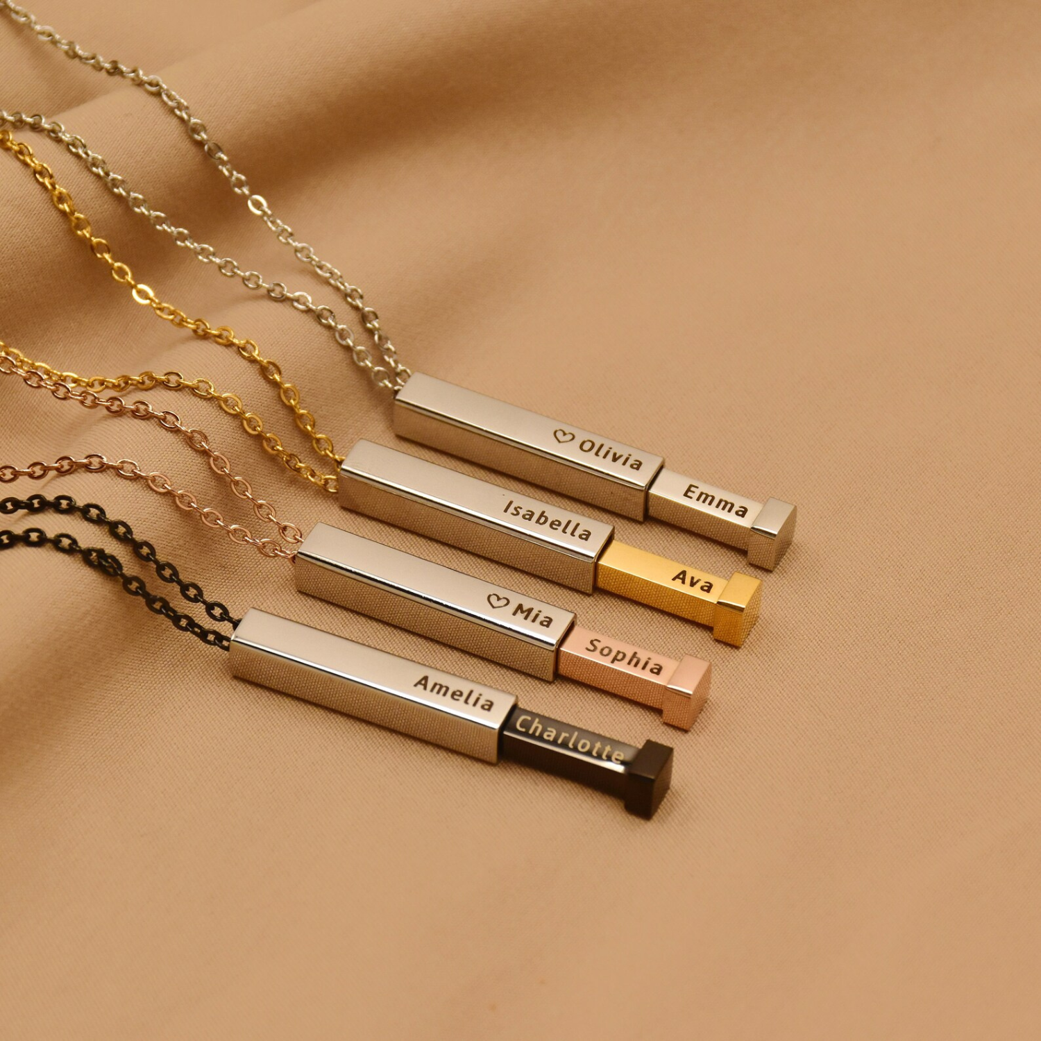 Retractable 3D Bar Necklace with Hidden Engraved Message