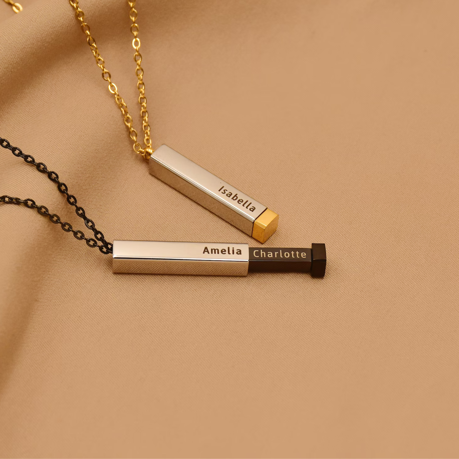 Retractable 3D Bar Necklace with Hidden Engraved Message